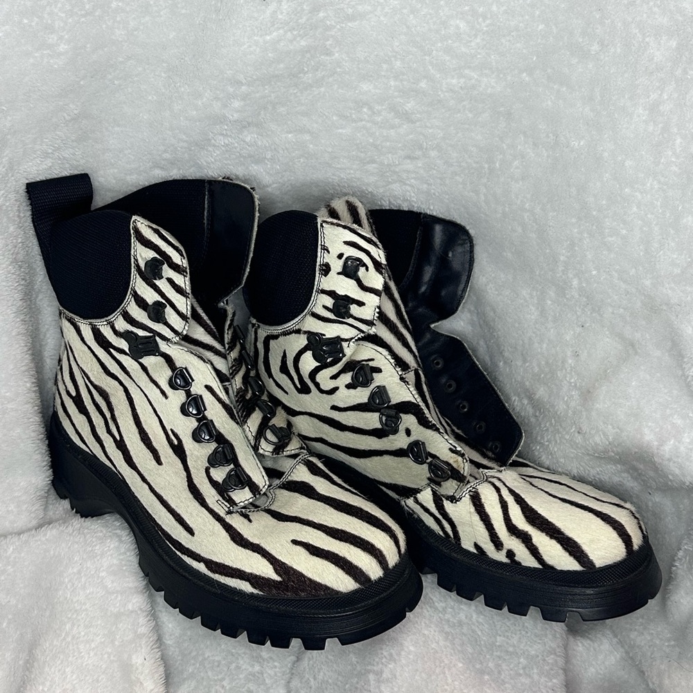 Prada Black and White Zebra Print Combat Boots